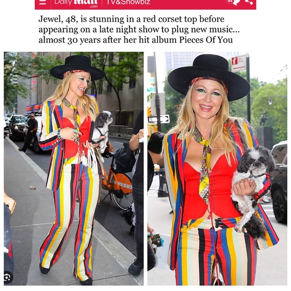 Alice + Olivia Breann Denim Boheme Striped Red Blue Multi Fitted Blazer Jacket - Picture 5 of 16